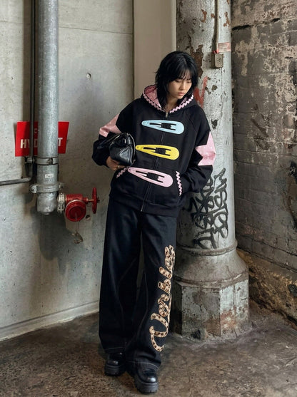 Star Applique Color Block Zip-Up Hoodie