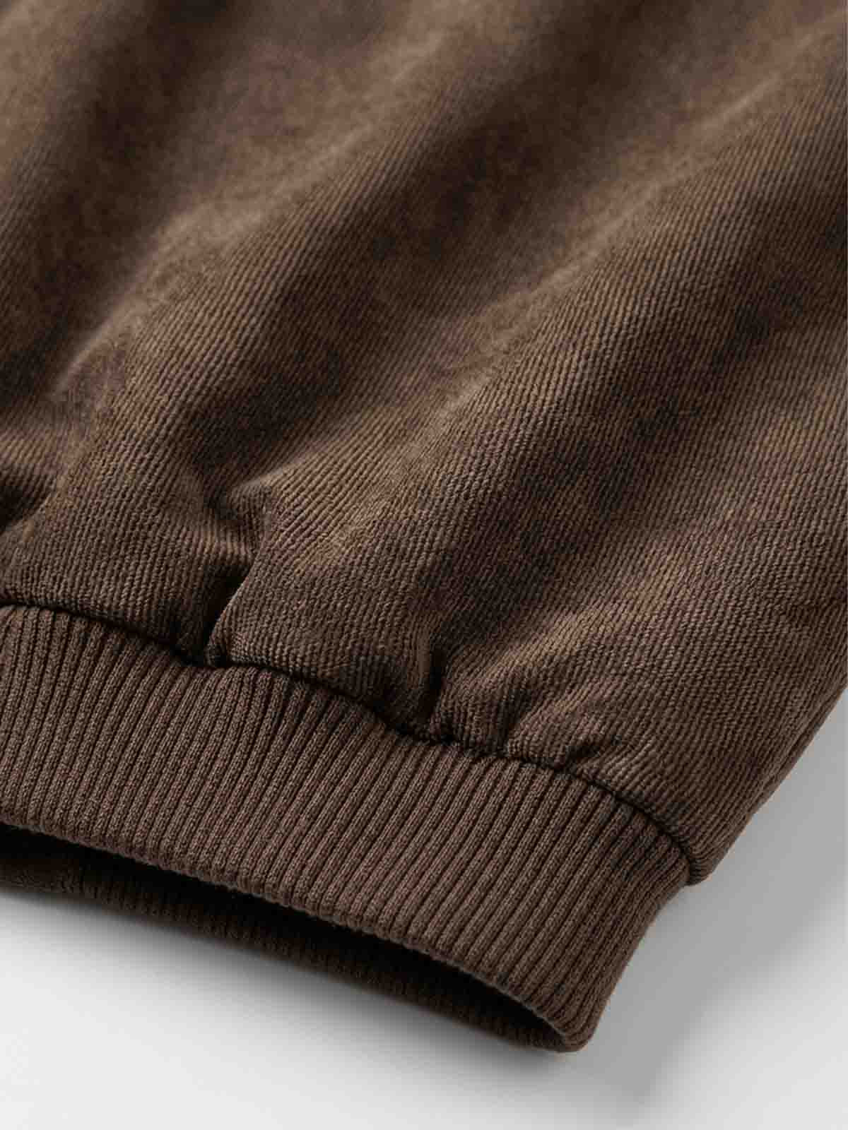Embroidered Faux-Fur Collar Oversized Distressed Bomber Jacket; Brown / S, Brown / M, Brown / L, Brown / XL, Brown / 2XL
