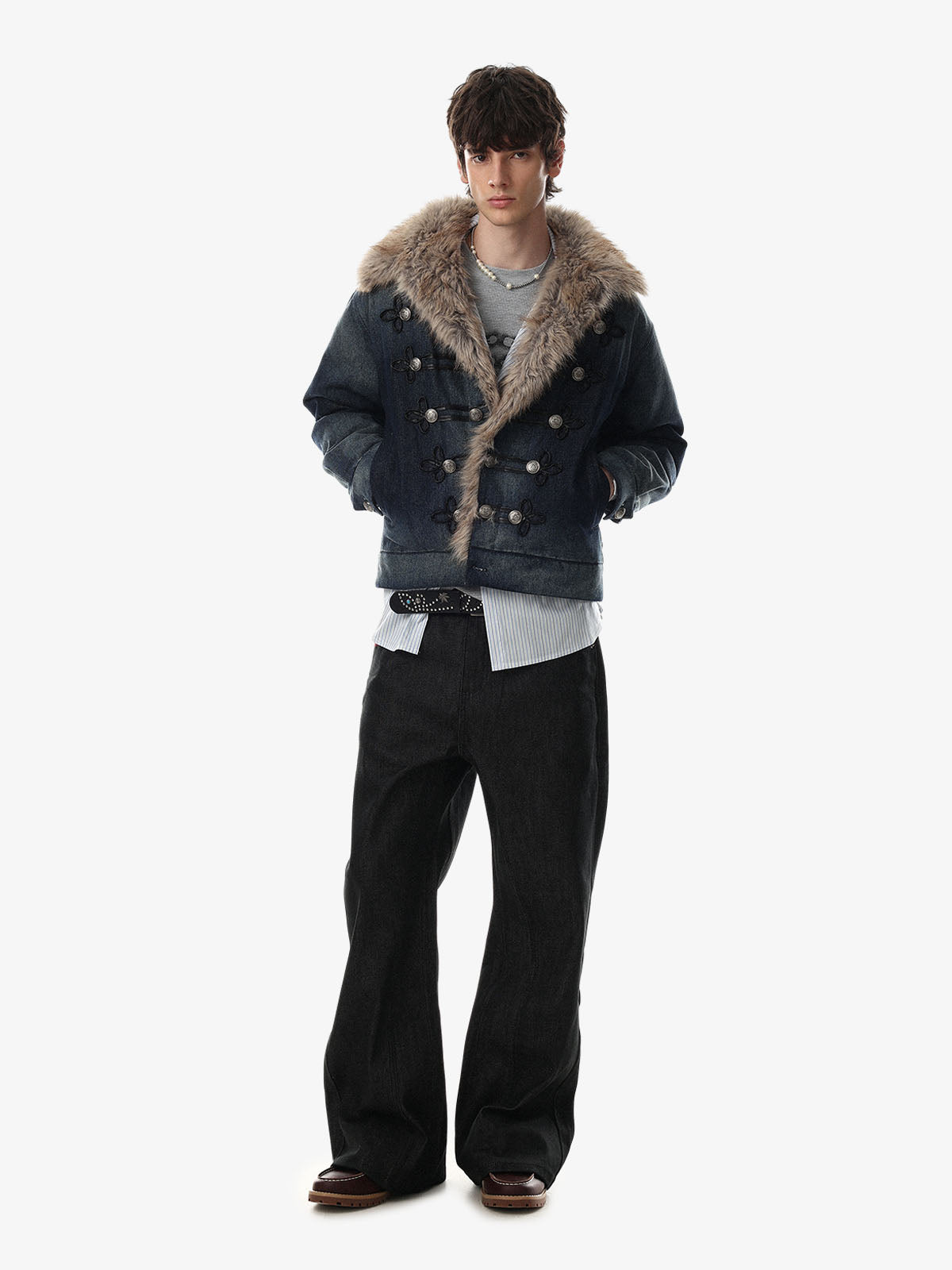 Faux-Fur Collar Multi-Button Quilted Coat; Blue / S, Blue / M, Blue / L, Blue / XL