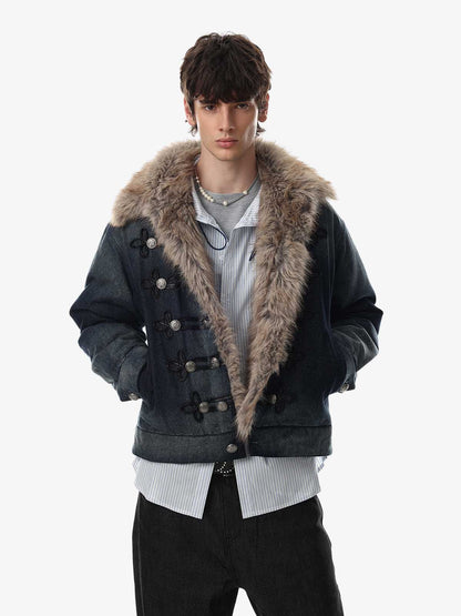 Faux-Fur Collar Multi-Button Quilted Coat; Blue / S, Blue / M, Blue / L, Blue / XL