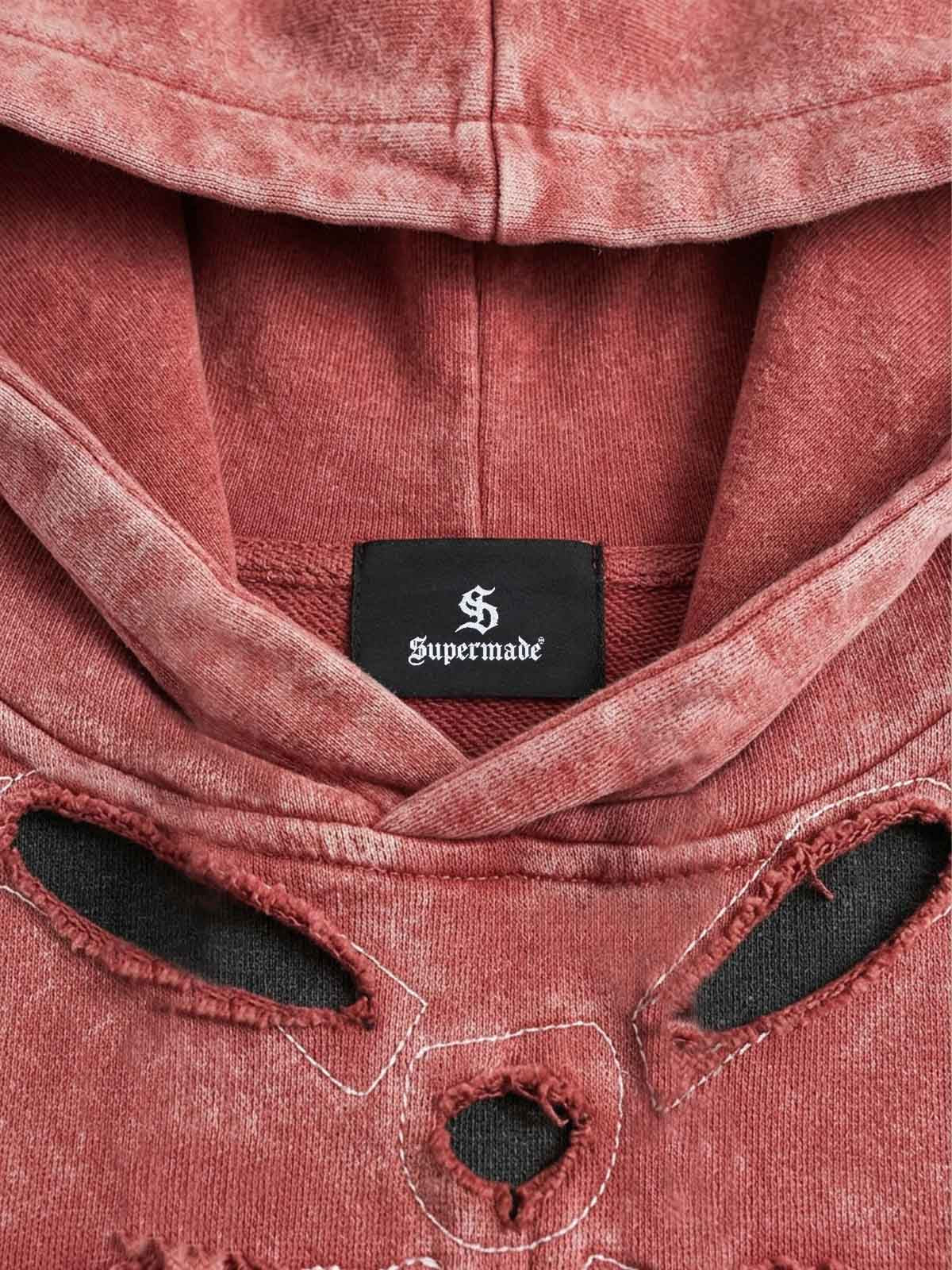 Skull Patchwork Distressed Washed Cropped Hoodie; Washed Red / S, Washed Red / M, Washed Red / L, Washed Red / XL, Washed Red / 2XL