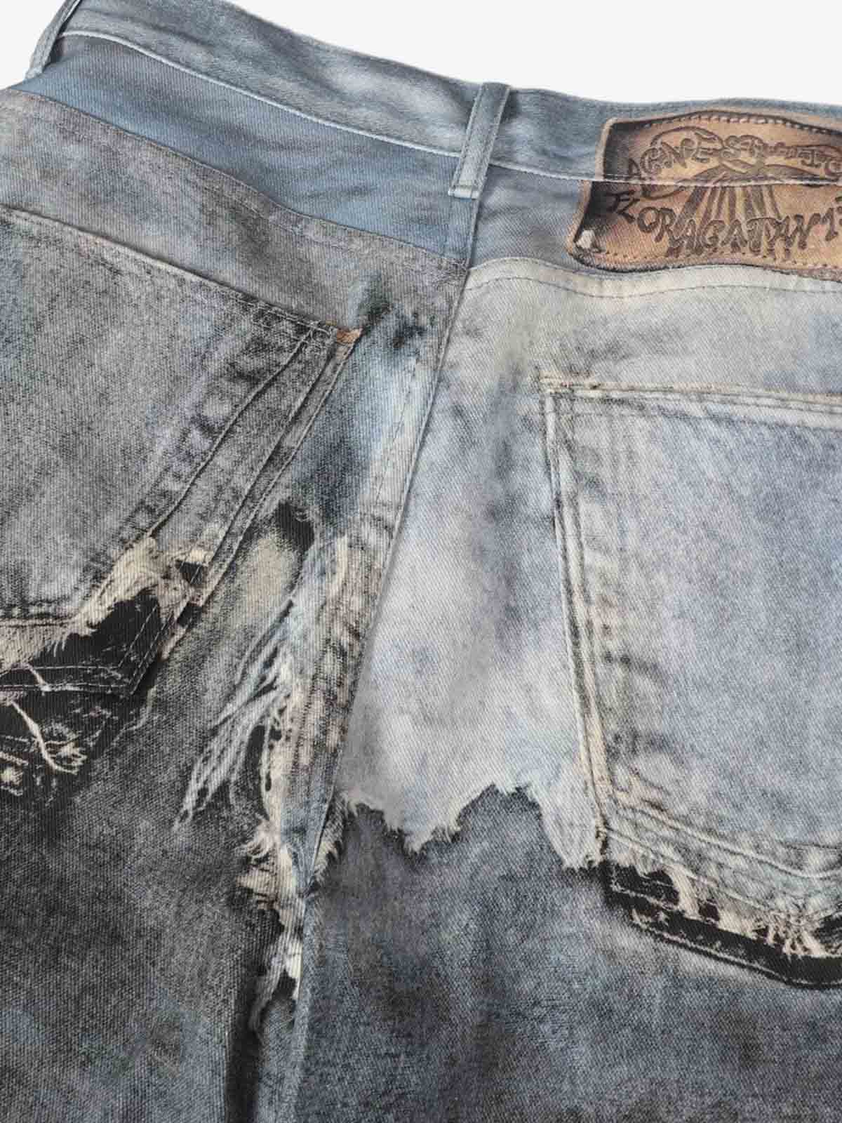Distressed Patchwork Wide Leg Washed Denim Jeans; Black / M, Black / L, Black / XL
