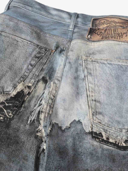 Distressed Patchwork Wide Leg Washed Denim Jeans; Black / M, Black / L, Black / XL