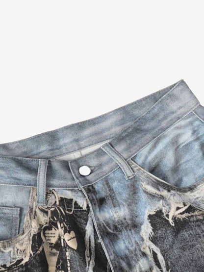 Distressed Patchwork Wide Leg Washed Denim Jeans; Black / M, Black / L, Black / XL