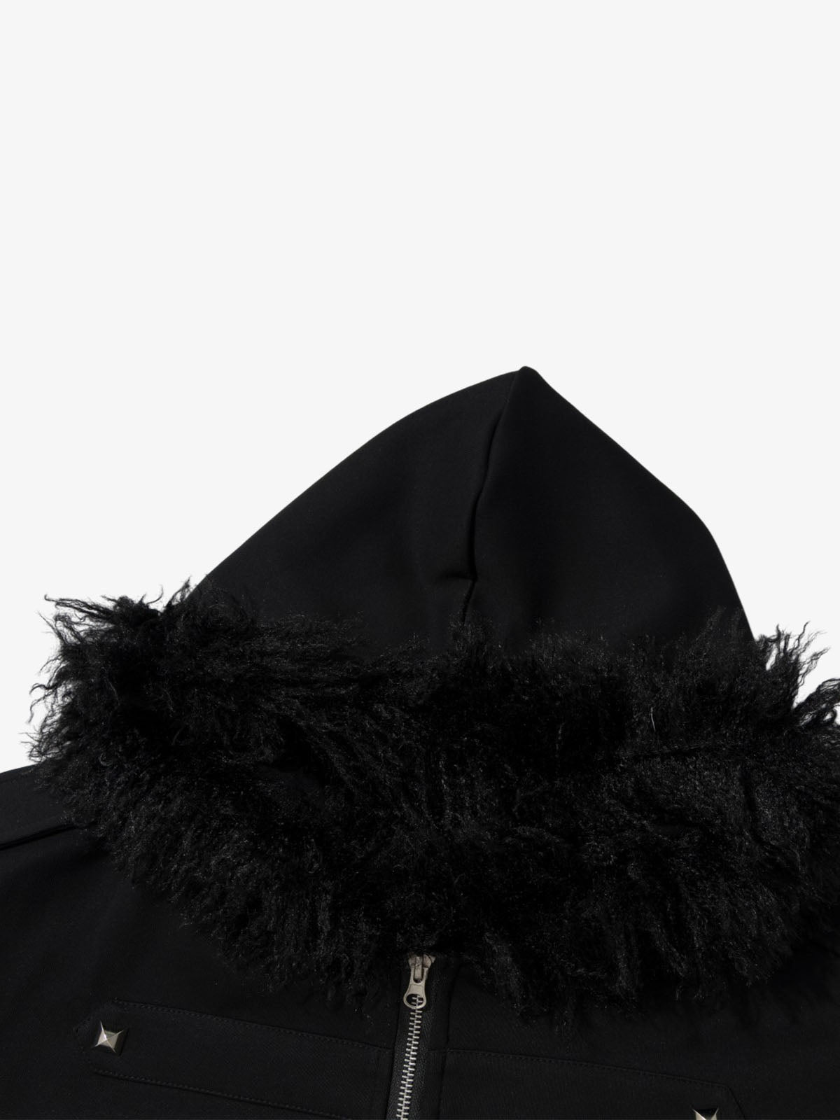 Studded Hooded Faux-Fur Collar Coat; Black / S, Black / M, Black / L, Black / XL