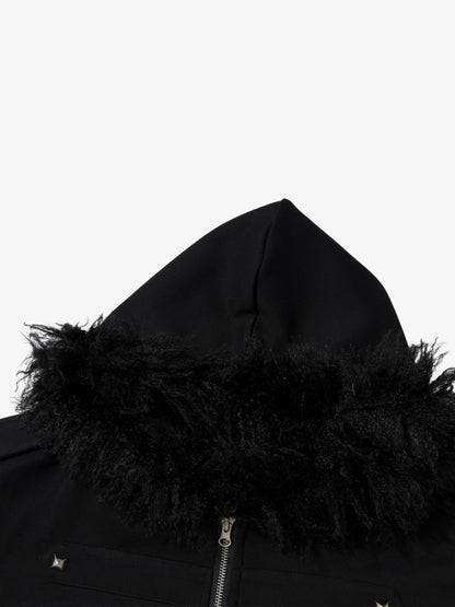 Studded Hooded Faux-Fur Collar Coat; Black / S, Black / M, Black / L, Black / XL