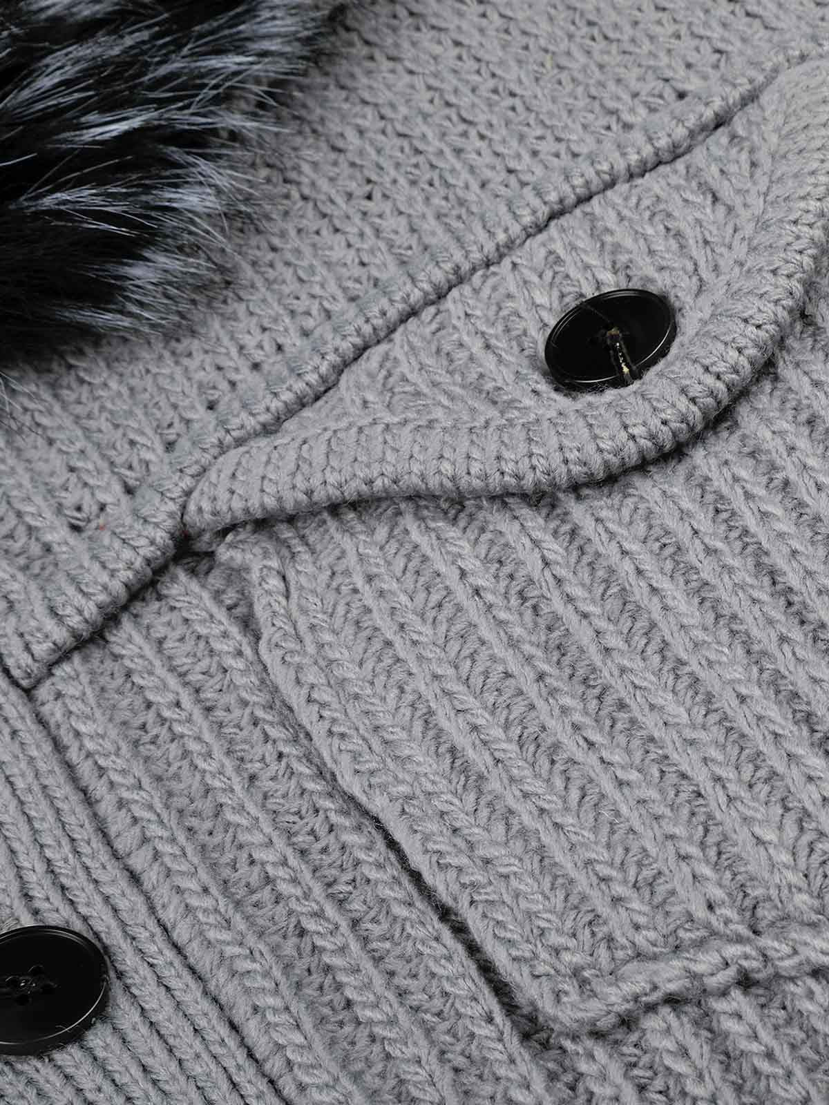 Faux-Fur Collar Distressed Knit Cardigan