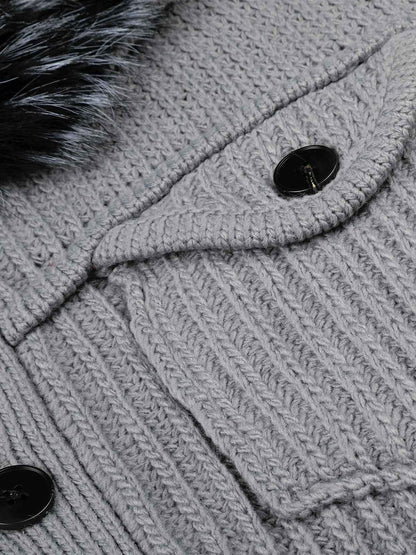 Faux-Fur Collar Distressed Knit Cardigan
