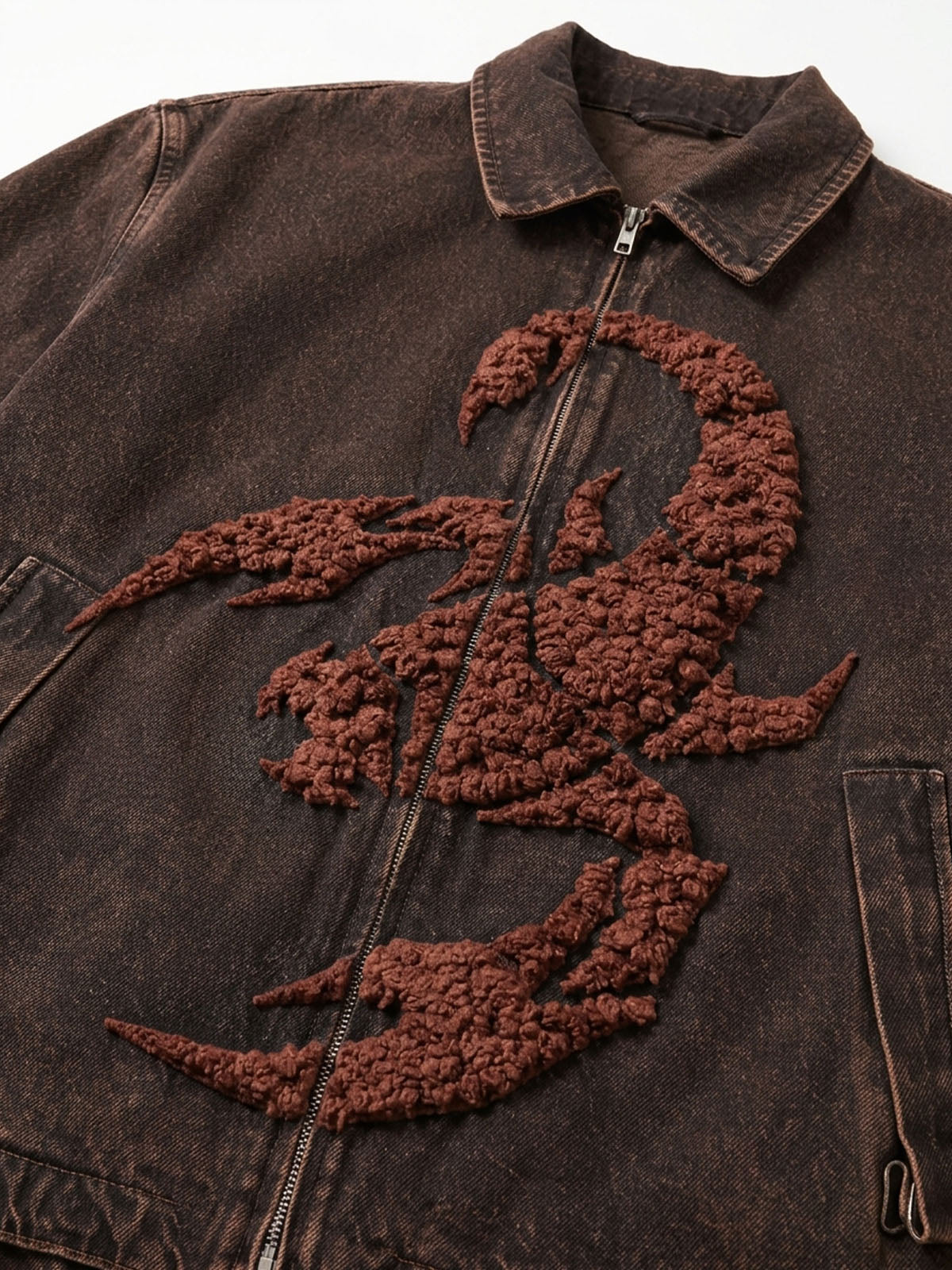 Scorpion Embroidered Washed Distressed Denim Jacket