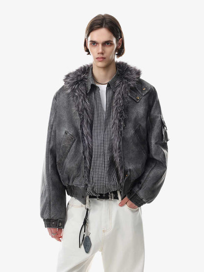Washed High-Collar Multi-Zip Bomber Coat