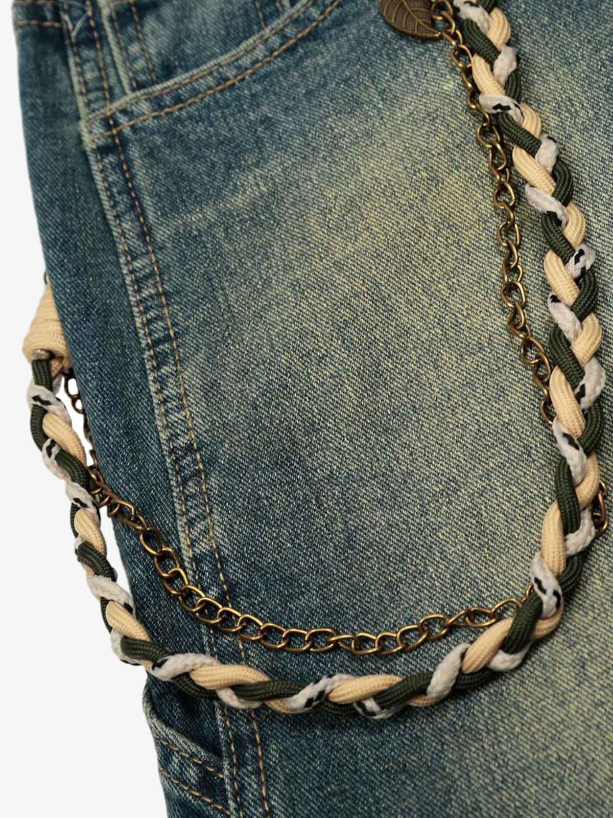 Distressed Denim Jeans with Braided Chain Detail - Perfect for Casual and Streetwear Styles; Blue / S, Blue / M, Blue / L, Blue / XL, Blue / 2XL, Blue / 3XL