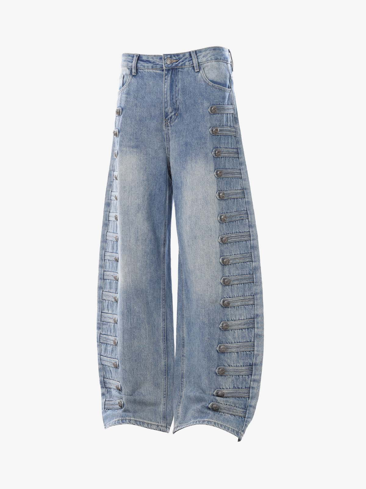 Button-Trim Curved-Leg Jeans; Blue / S, Blue / M, Blue / L, Blue / XL, Blue / 2XL