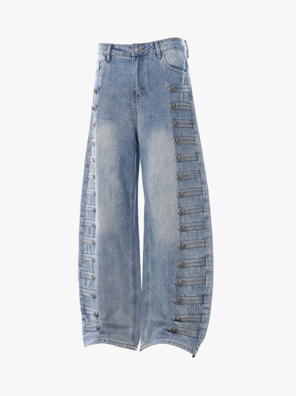Button-Trim Curved-Leg Jeans; Blue / S, Blue / M, Blue / L, Blue / XL, Blue / 2XL