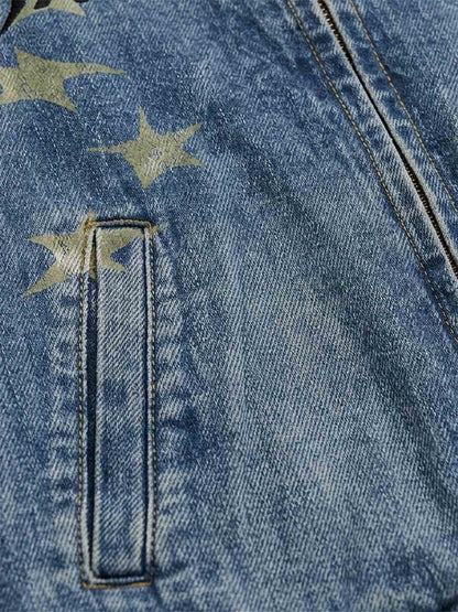 Anchor Club Star Graphic Washed Denim Jacket; Washed Denim Blue / S, Washed Denim Blue / M, Washed Denim Blue / L, Washed Denim Blue / XL, Washed Denim Blue / 2XL