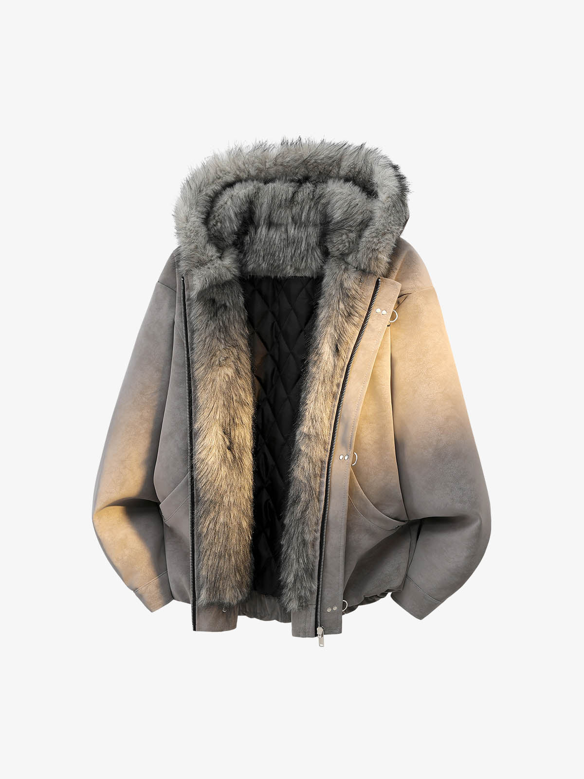 Faux-Fur Collar Aviation Buckle Jacket; Gray / M, Gray / L, Gray / XL, Gray / 2XL