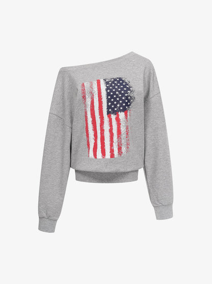 Flag Print Off-Shoulder Sweatshirt; Gray / S, Gray / M, Gray / L