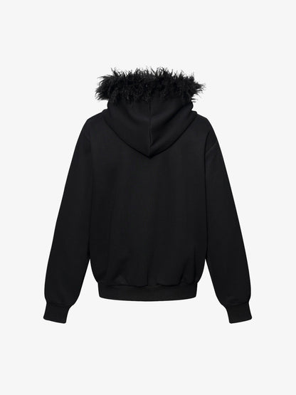 Studded Hooded Faux-Fur Collar Coat; Black / S, Black / M, Black / L, Black / XL