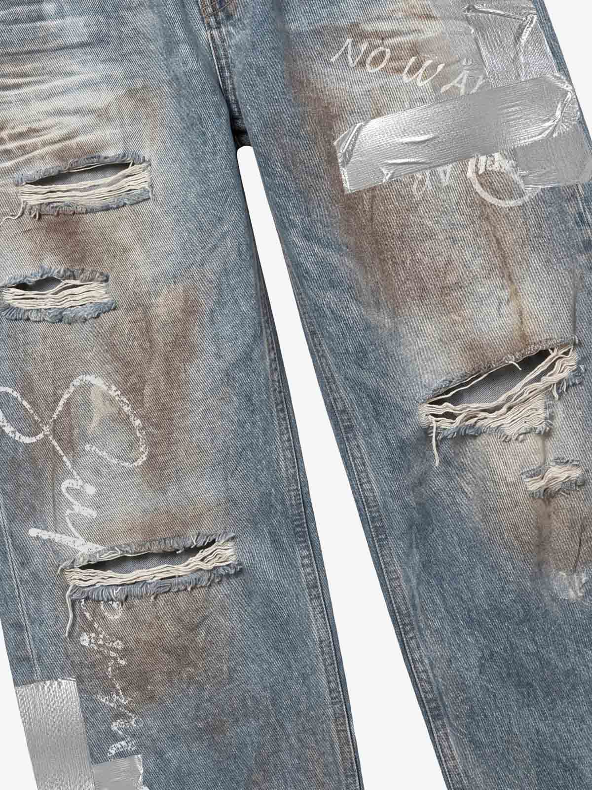 Foil-Tape Distressed Ripped Heavyweight Jeans; Washed Denim Blue / S, Washed Denim Blue / M, Washed Denim Blue / L, Washed Denim Blue / XL, Washed Denim Blue / 2XL