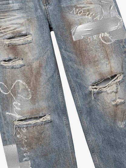 Foil-Tape Distressed Ripped Heavyweight Jeans; Washed Denim Blue / S, Washed Denim Blue / M, Washed Denim Blue / L, Washed Denim Blue / XL, Washed Denim Blue / 2XL