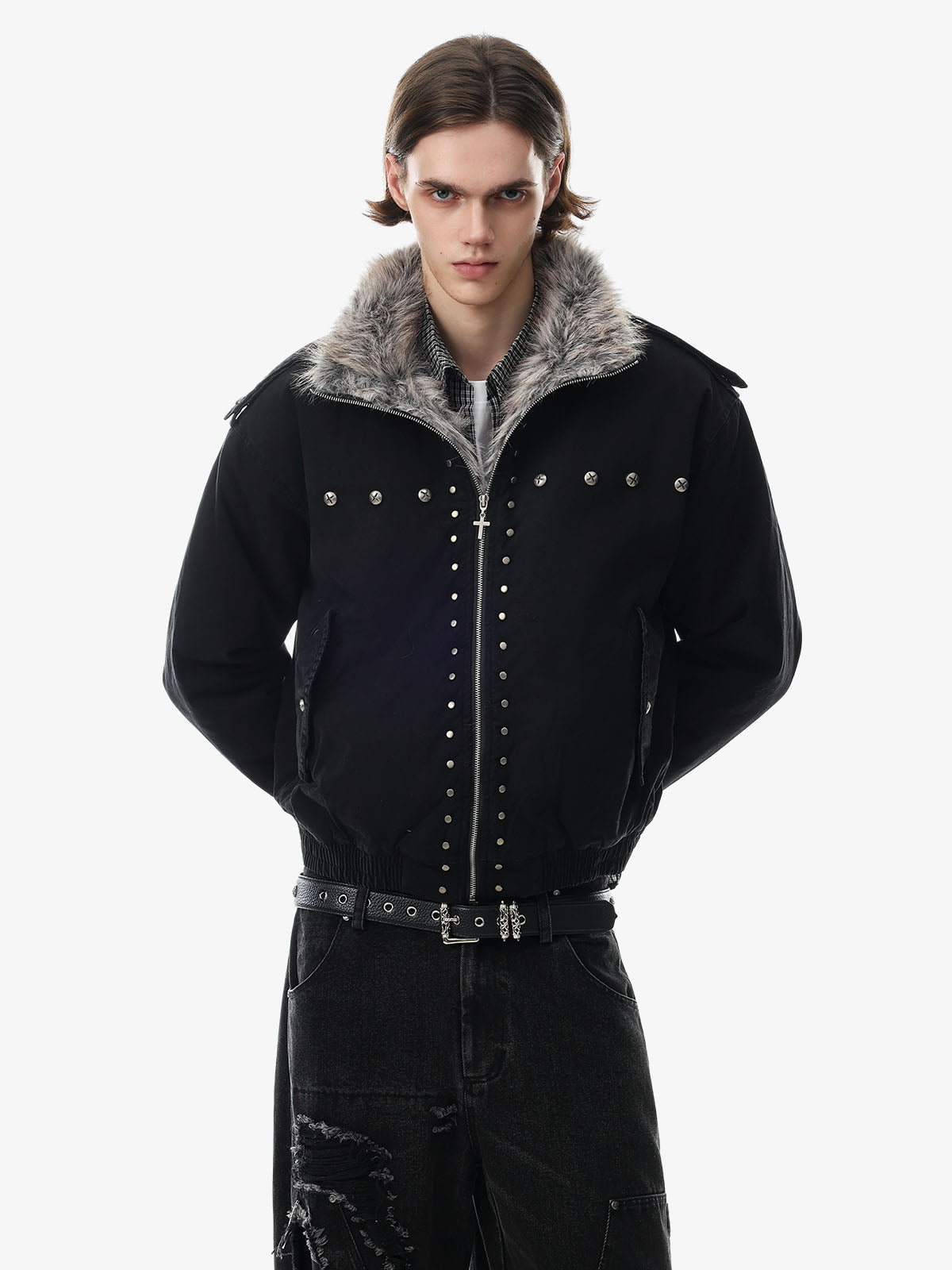 Studded Faux-Fur Collar Bomber Coat; Black / S, Black / M, Black / L, Black / XL