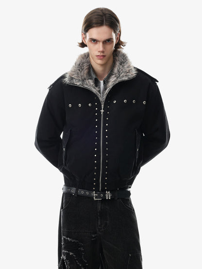 Studded Faux-Fur Collar Bomber Coat; Black / S, Black / M, Black / L, Black / XL