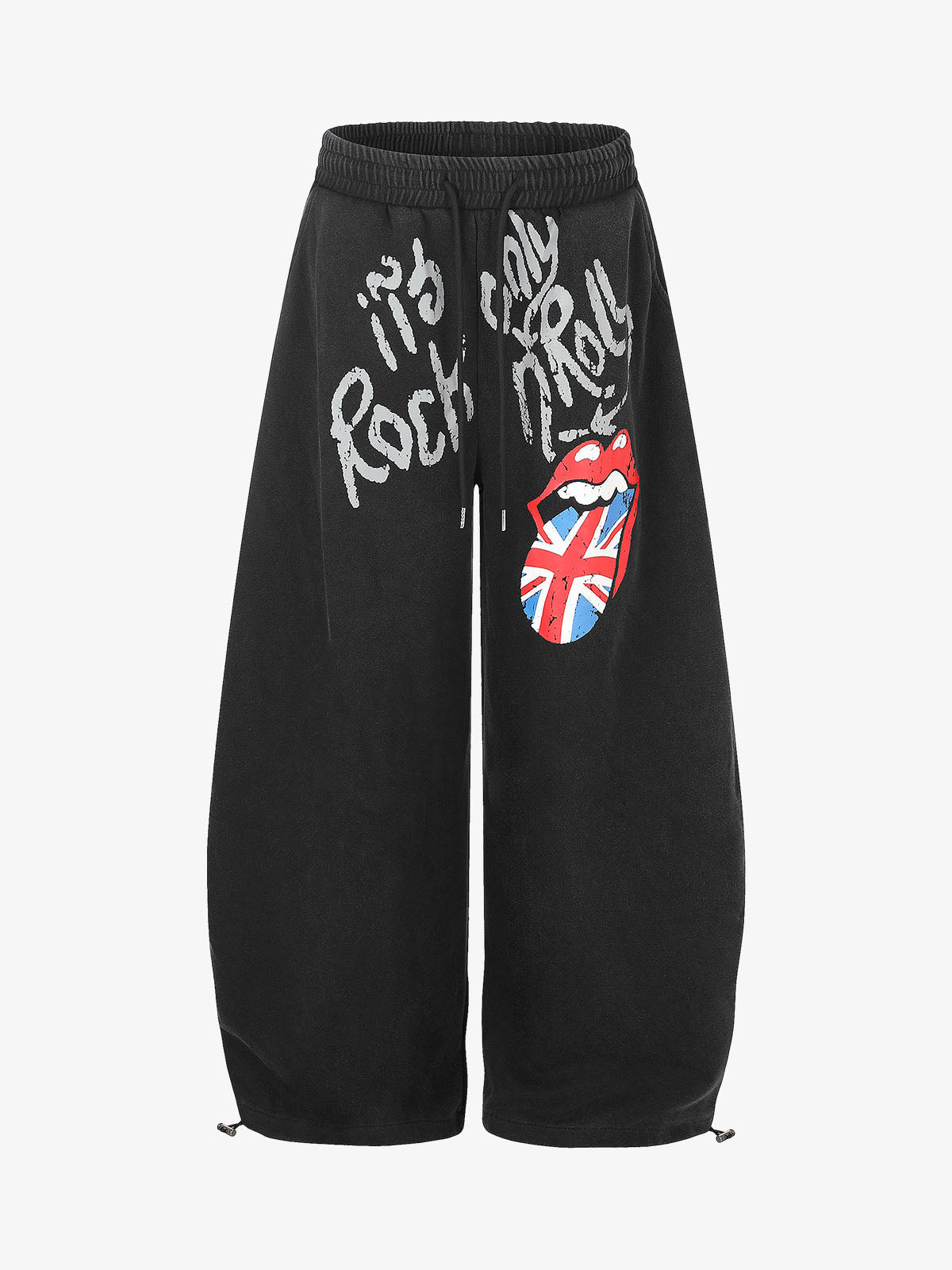 Lip Flag Graphic Distressed Washed Baggy Barrel Sweatpants; Black / XS, Black / S, Black / M, Black / L