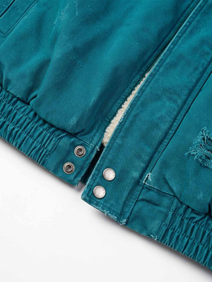 Embroidered Badge Distressed Fleece-Lined Teal Bomber Coat