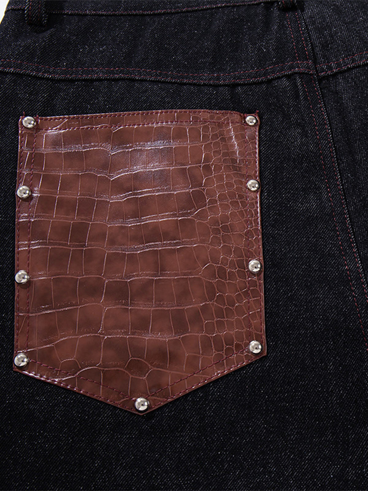 Leather Patchwork Studded Loose-Fit Jeans; Black / M, Black / L, Black / XL, Black / 2XL