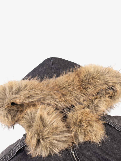 Patchwork Distressed Faux-Fur Collar Denim Jacket; Black / M, Black / L, Black / XL, Black / S