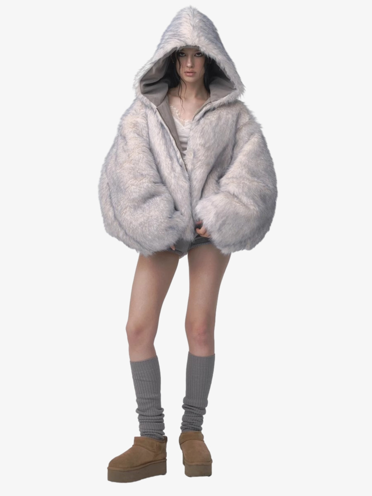 Oversized Reversible Fur Hooded Jacket - 2544; Gray / S, Gray / M, Gray / L, Gray / XL, Gray / 2XL