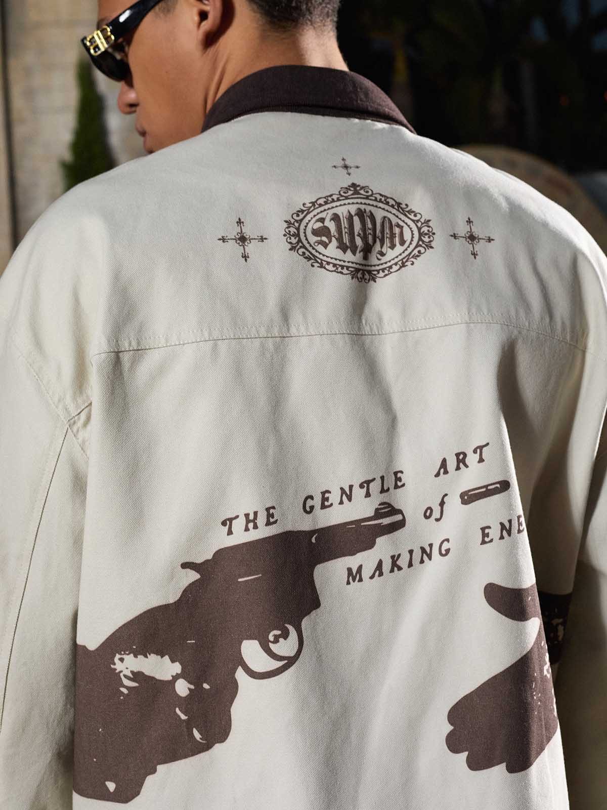 Supermade “Your God Is Not Here” Slogan Print Color-Blocked Embroidered Retro Canvas Jacket; Off-White / S, Off-White / M, Off-White / L, Off-White / XL, Off-White / 2XL