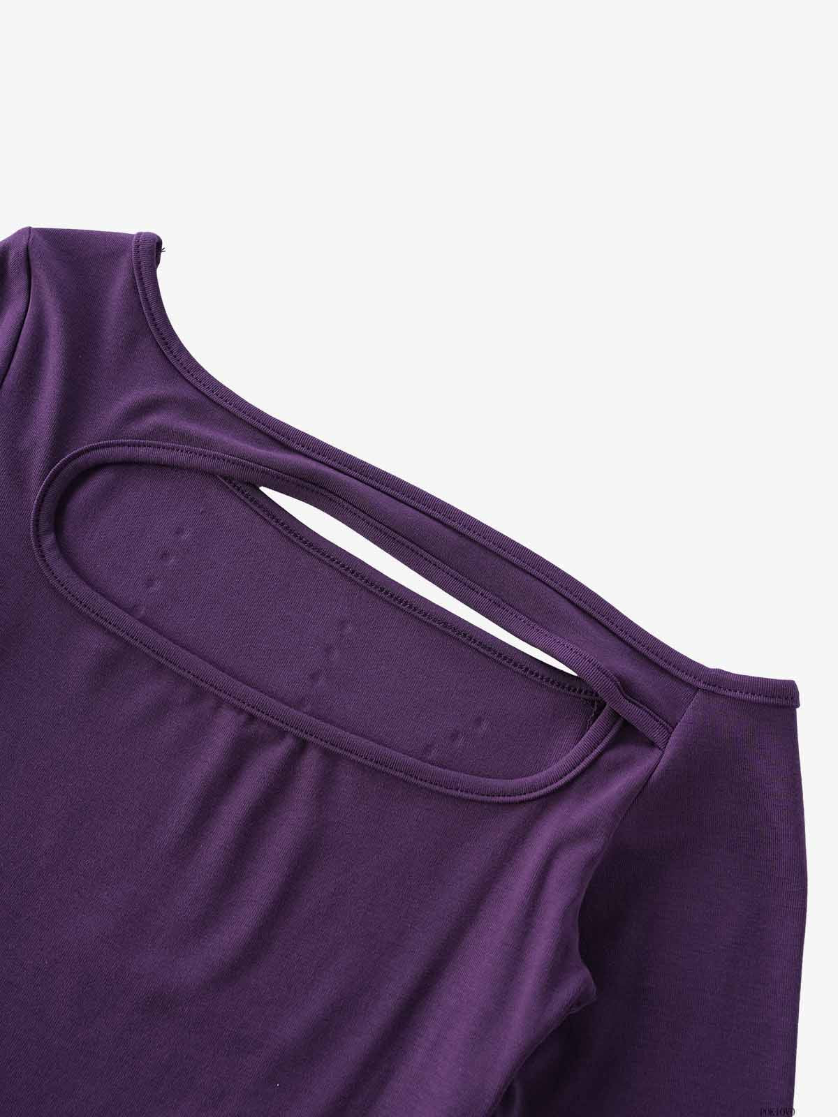 Eyelet Detail Off-Shoulder Long Sleeve Tee; Purple / S, Purple / M, Purple / L