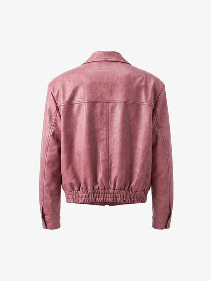 Cross Embroidered Color Block Cropped Biker Jacket; Pink / S, Pink / M, Pink / L, Pink / XL, Pink / 2XL, Pink / 3XL