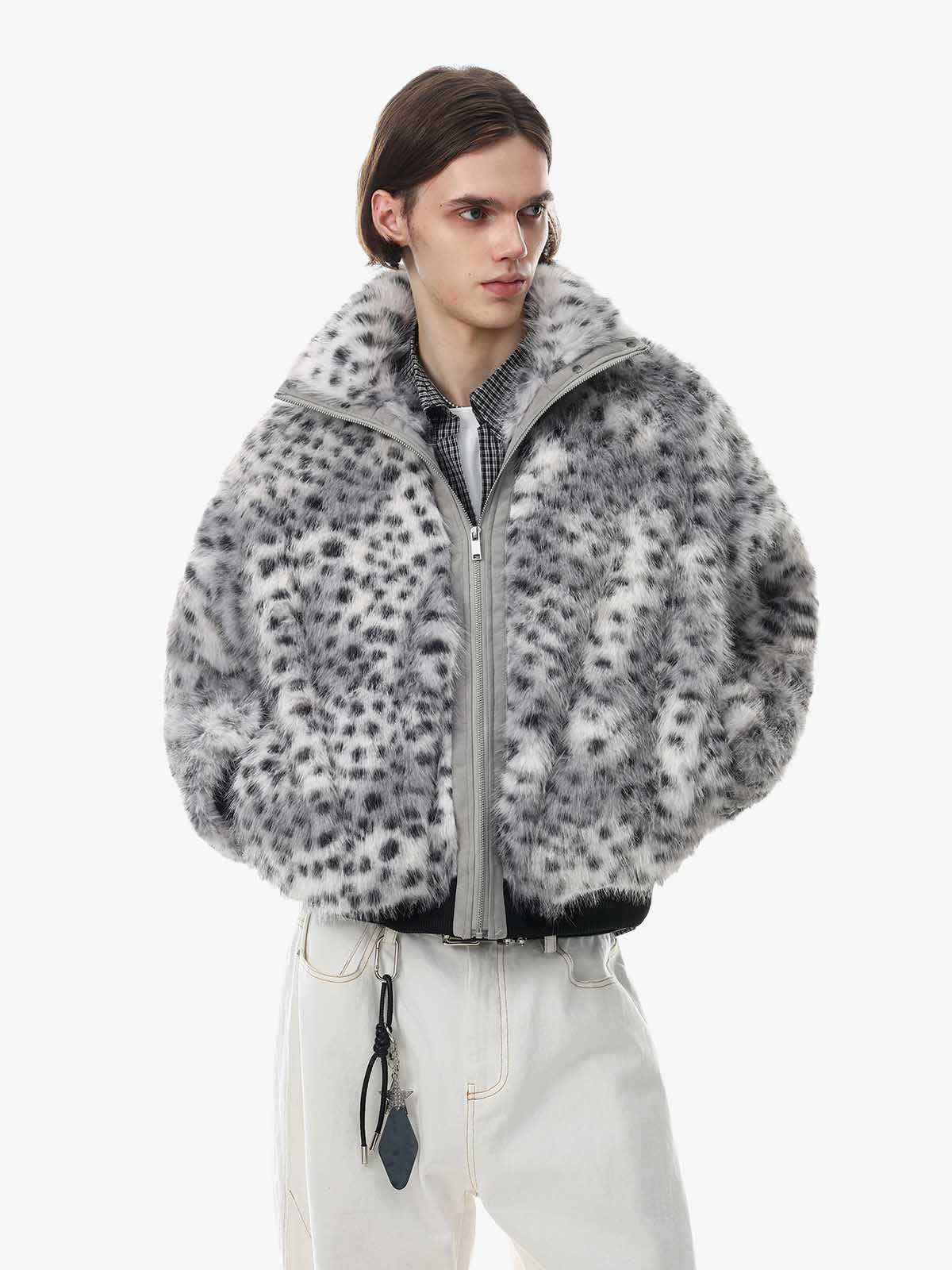 Snow Leopard Faux-Fur High-Collar Coat