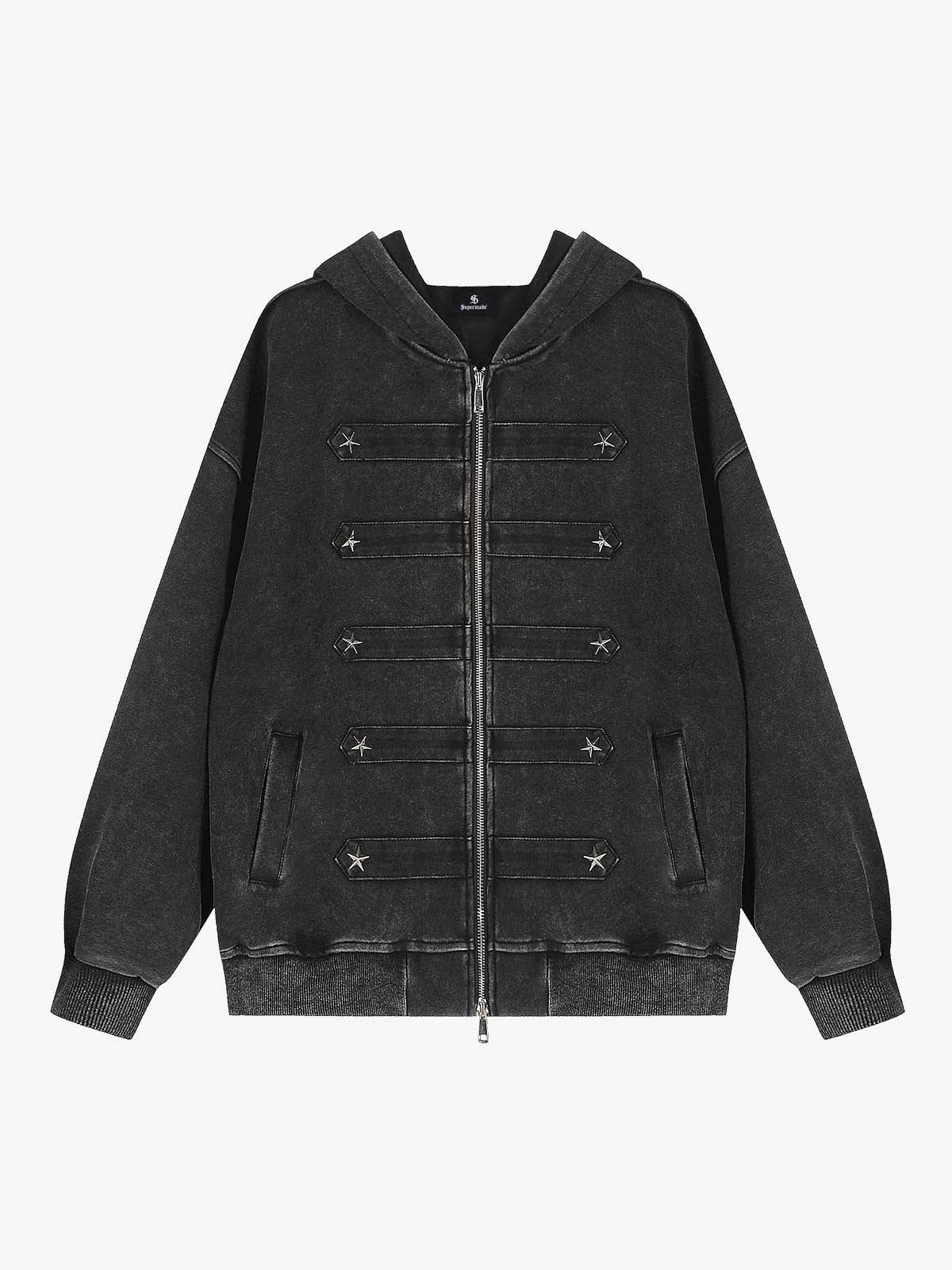 Distressed Napoleon Boxy Fit Zip-Up Hoodie; Black / M, Black / L, Black / XL