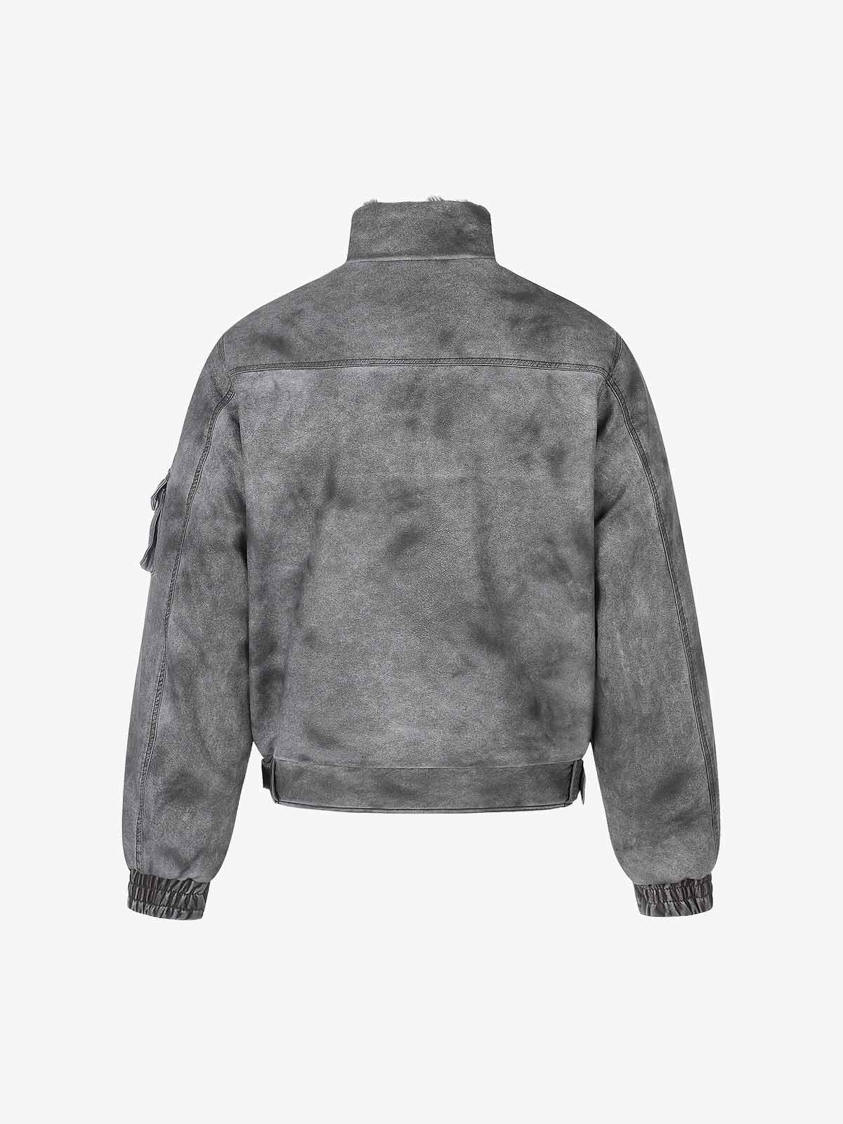 Washed High-Collar Multi-Zip Bomber Coat