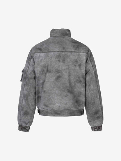 Washed High-Collar Multi-Zip Bomber Coat