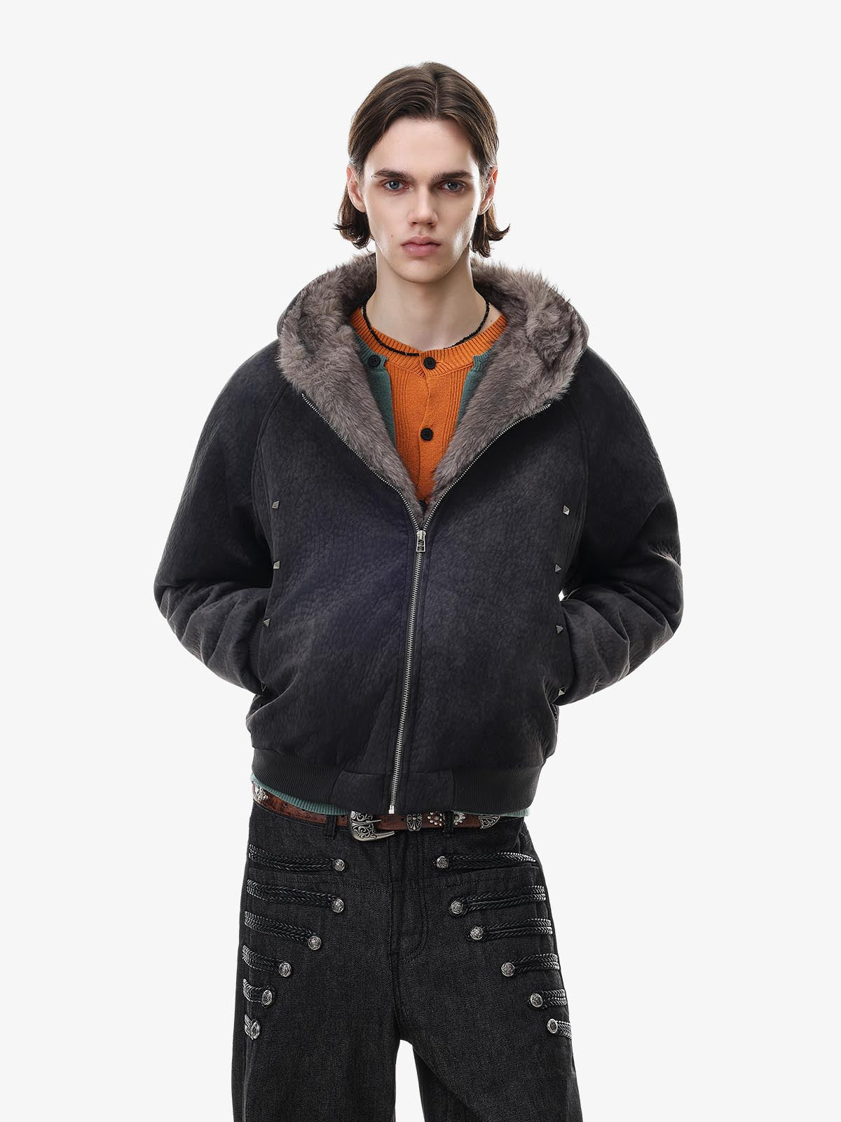 Side-Studded Hooded Padded Coat