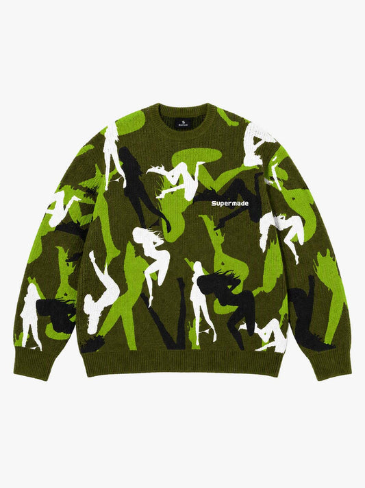 Abstract Camo Graphic Cropped Boxy Knit Sweater; Green / S, Green / M, Green / L, Green / XL, Green / 2XL