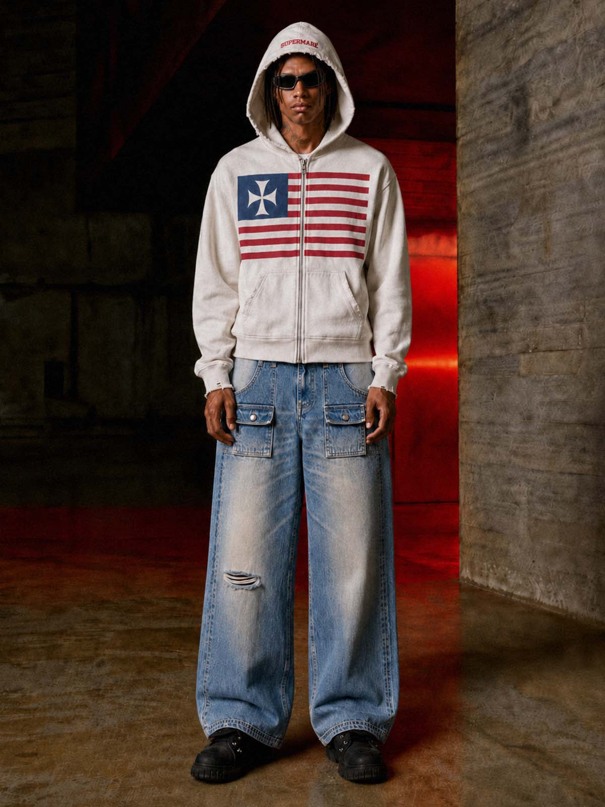 Cropped Flag Zip Hoodie; Terry Wash White / M, Terry Wash White / L, Terry Wash White / XL, Terry Wash White / 2XL