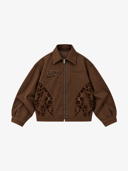 Leopard Print Panel Zip-Up Jacket
