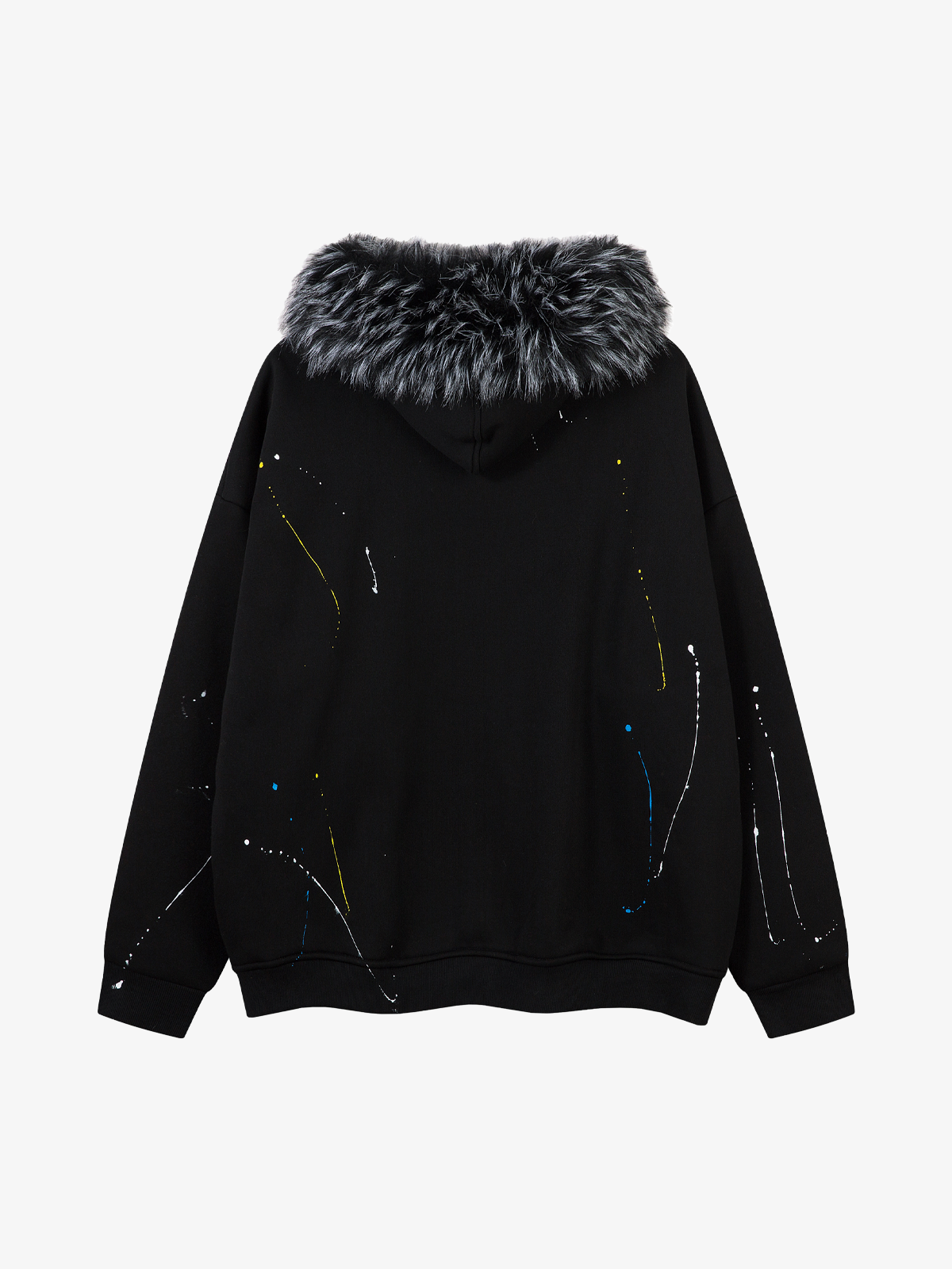 Fur-Trim Paint-Splatter Zip Hoodie; Black / M, Black / L, Black / XL