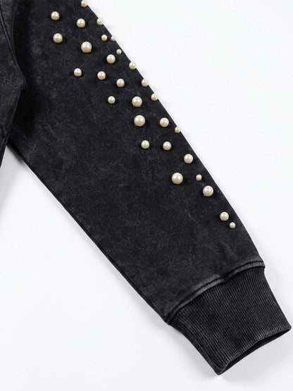 Pearl Studded Washed Distressed Cropped Hoodie