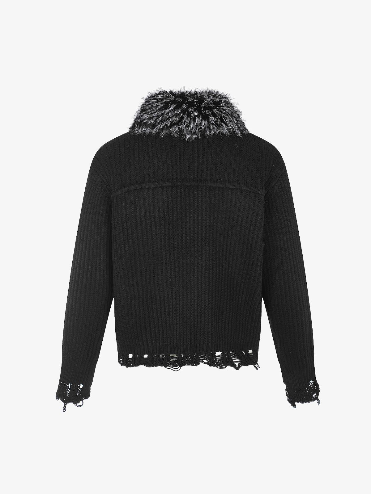 Faux-Fur Collar Distressed Knit Cardigan