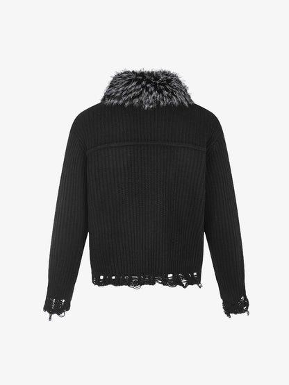 Faux-Fur Collar Distressed Knit Cardigan