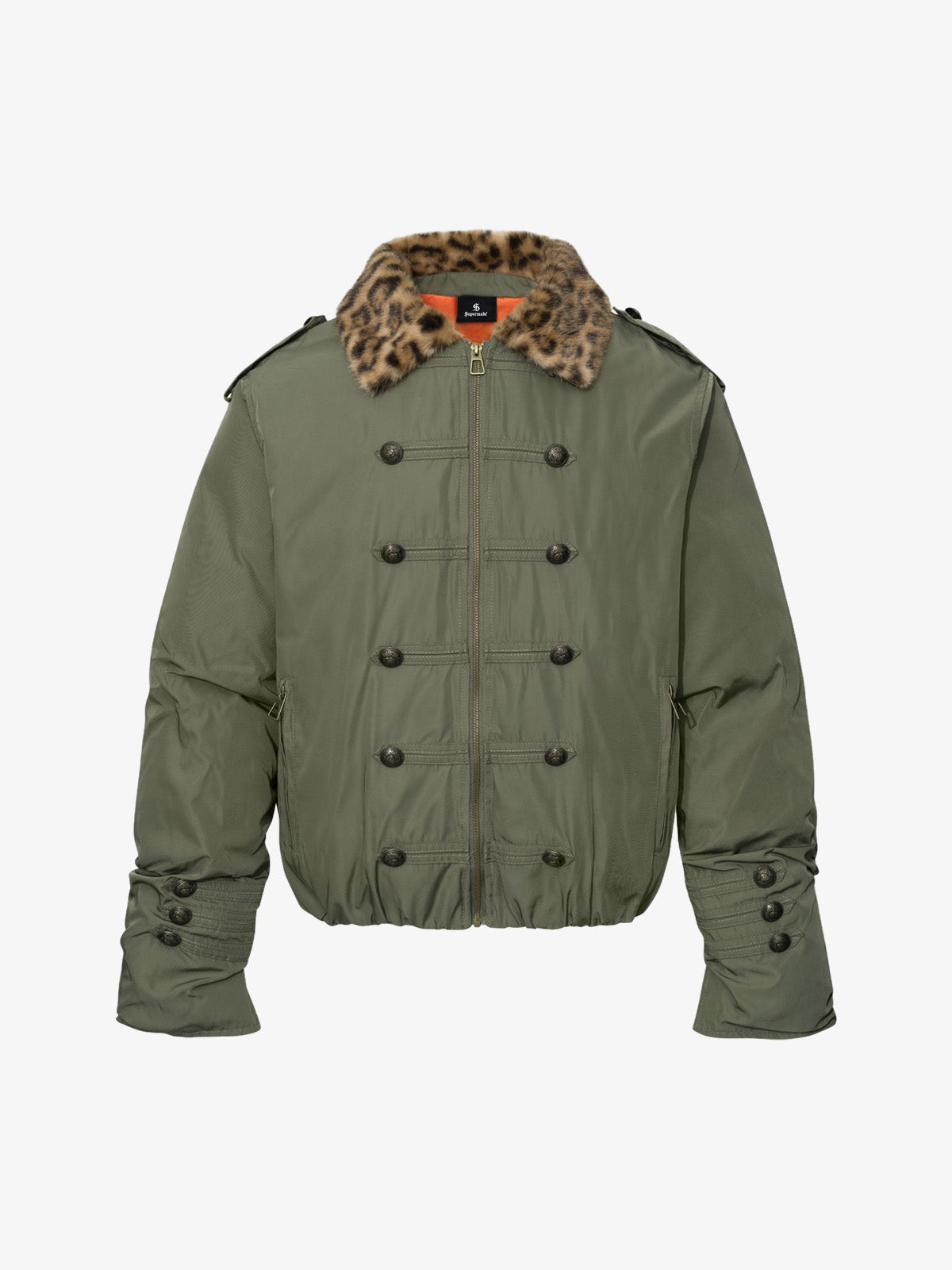 Leopard Faux-Fur Collar Button-Front Padded Coat; Gray-Green / S, Gray-Green / M, Gray-Green / L, Gray-Green / XL