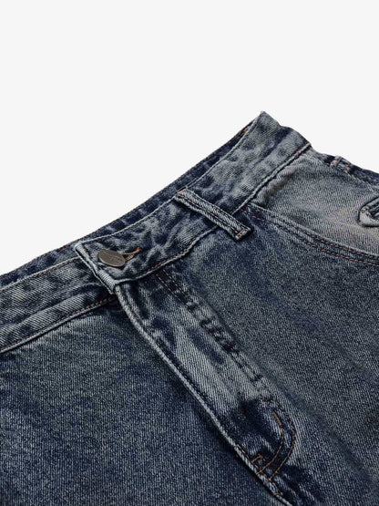 Studded Curved-Seam Washed Wide-Leg Jeans