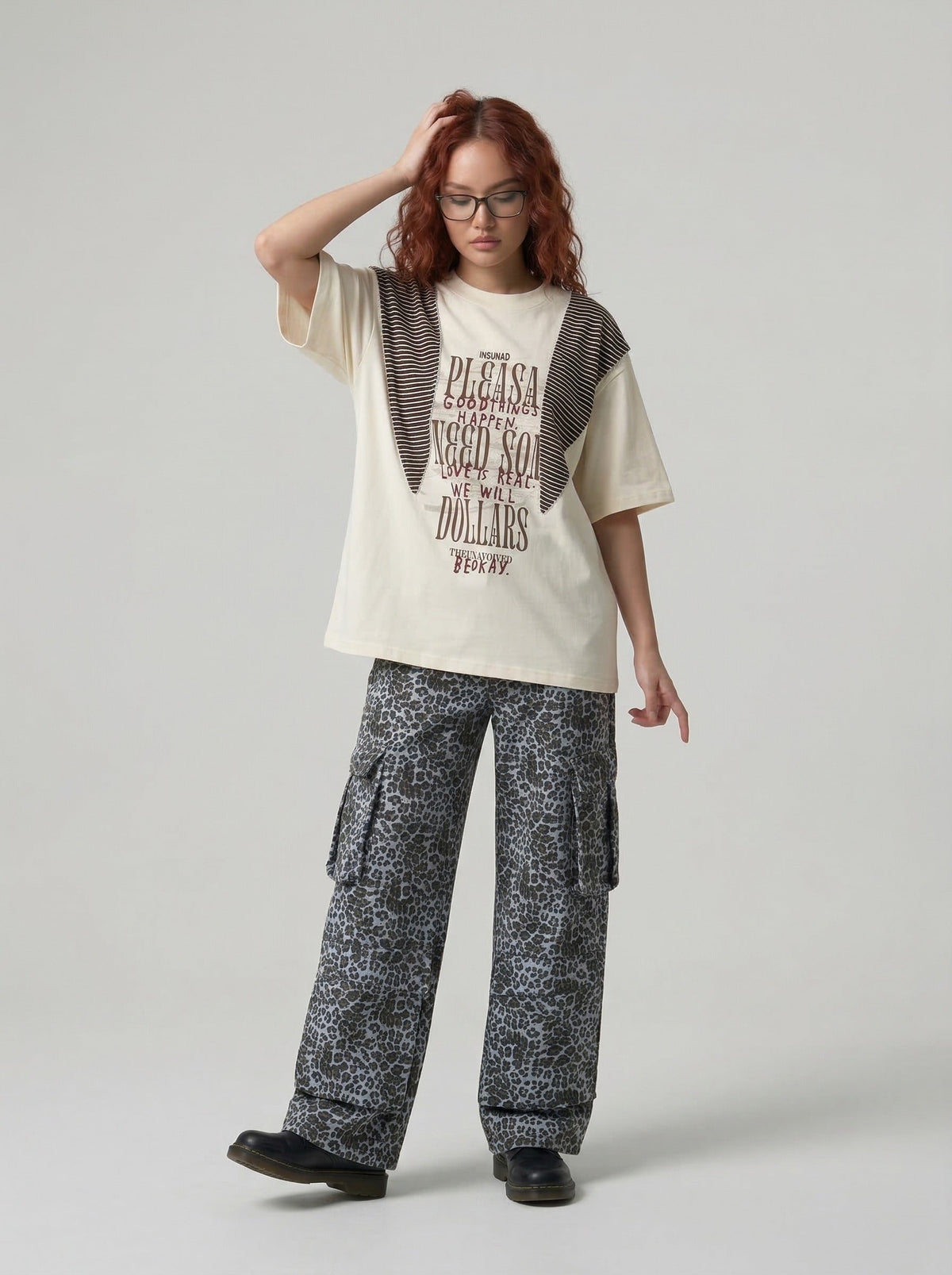 INSUNAD graphic T-shirt with faux-wrap panel — model photo