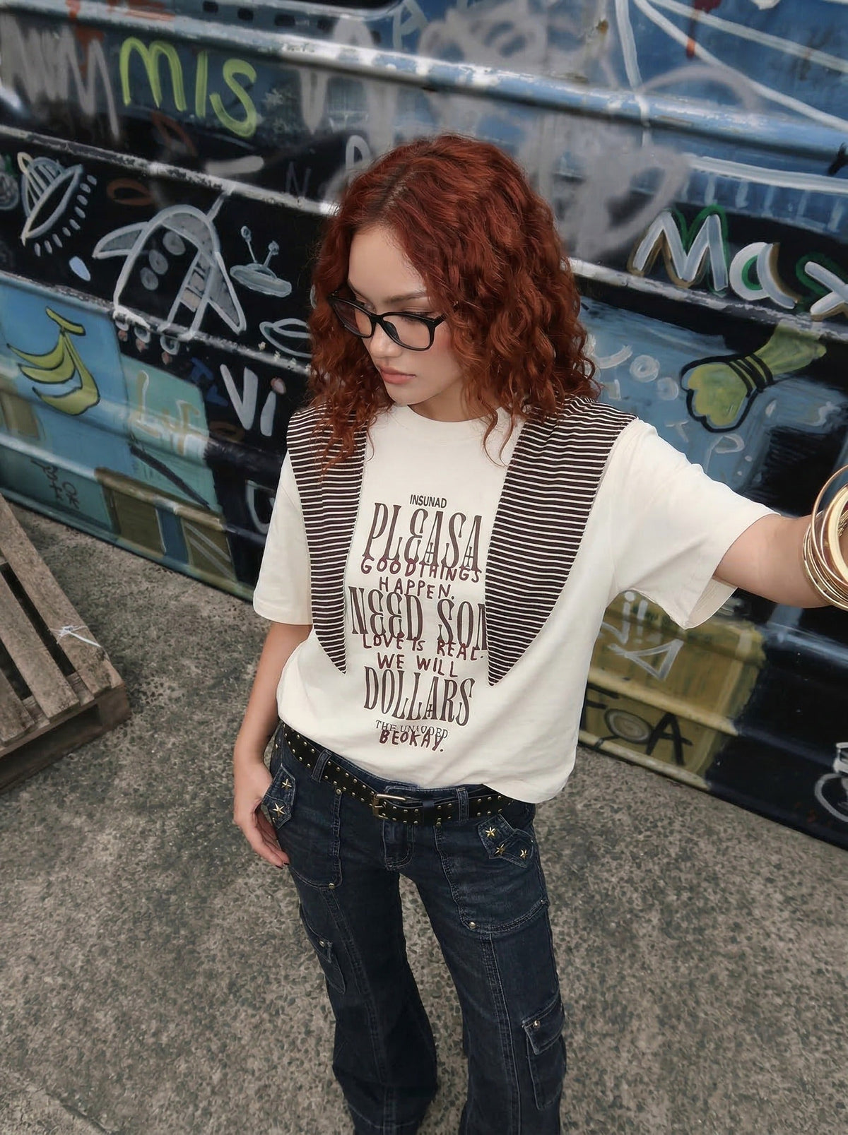 INSUNAD graphic T-shirt with faux-wrap panel — model photo