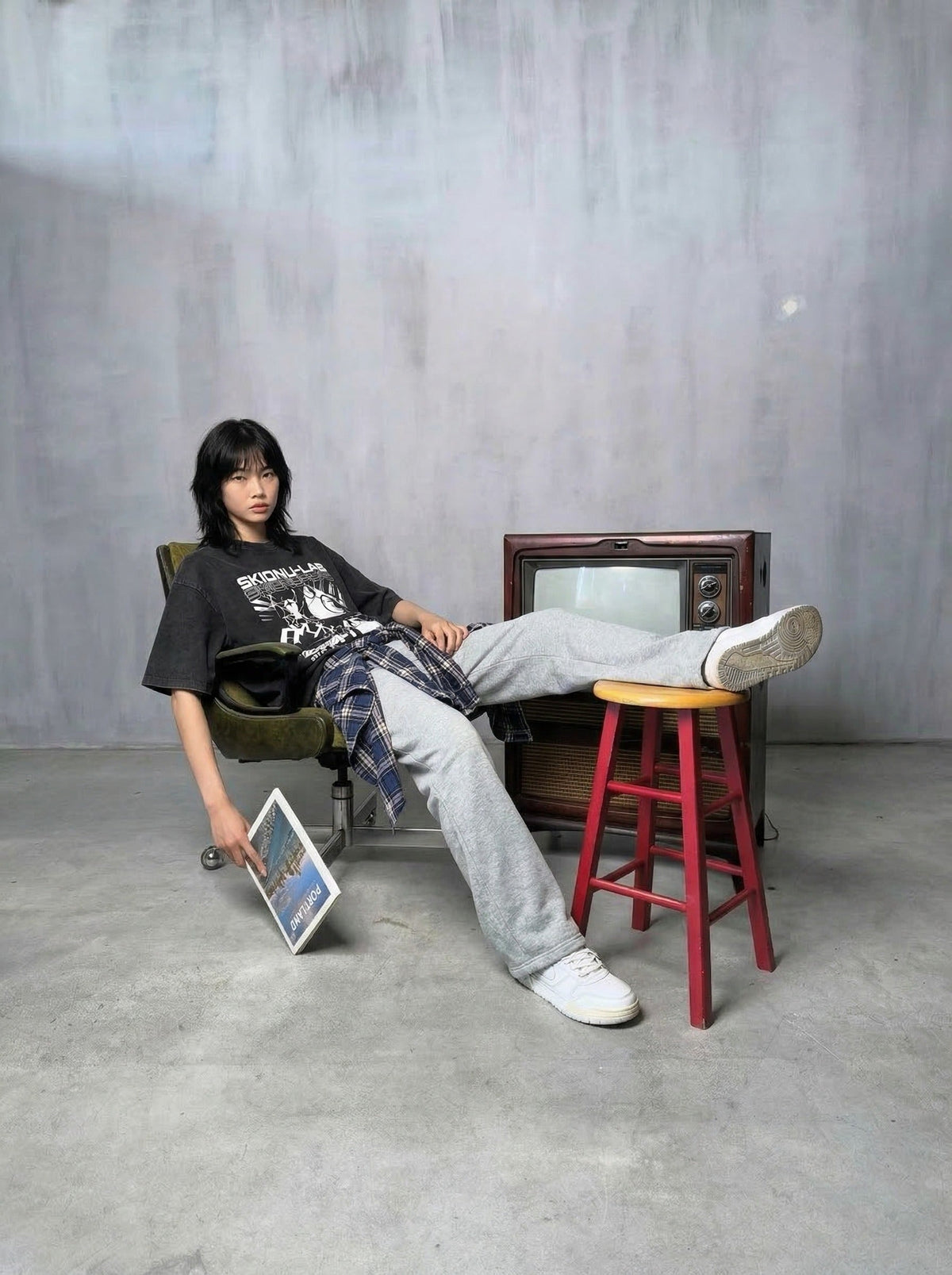 Washed black oversized short-sleeve t-shirt with anime graphic — model photo